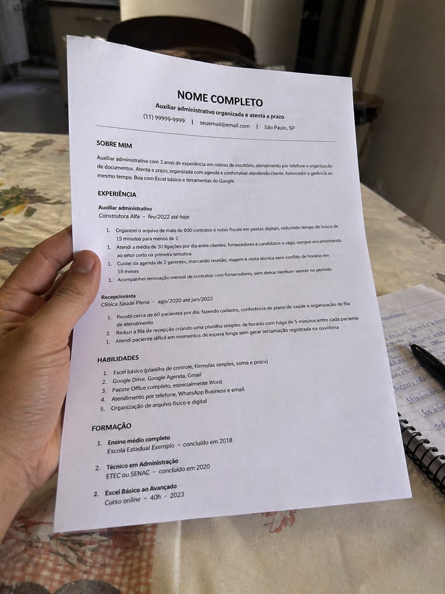 Currículo impresso sendo revisado antes de enviar para vagas
